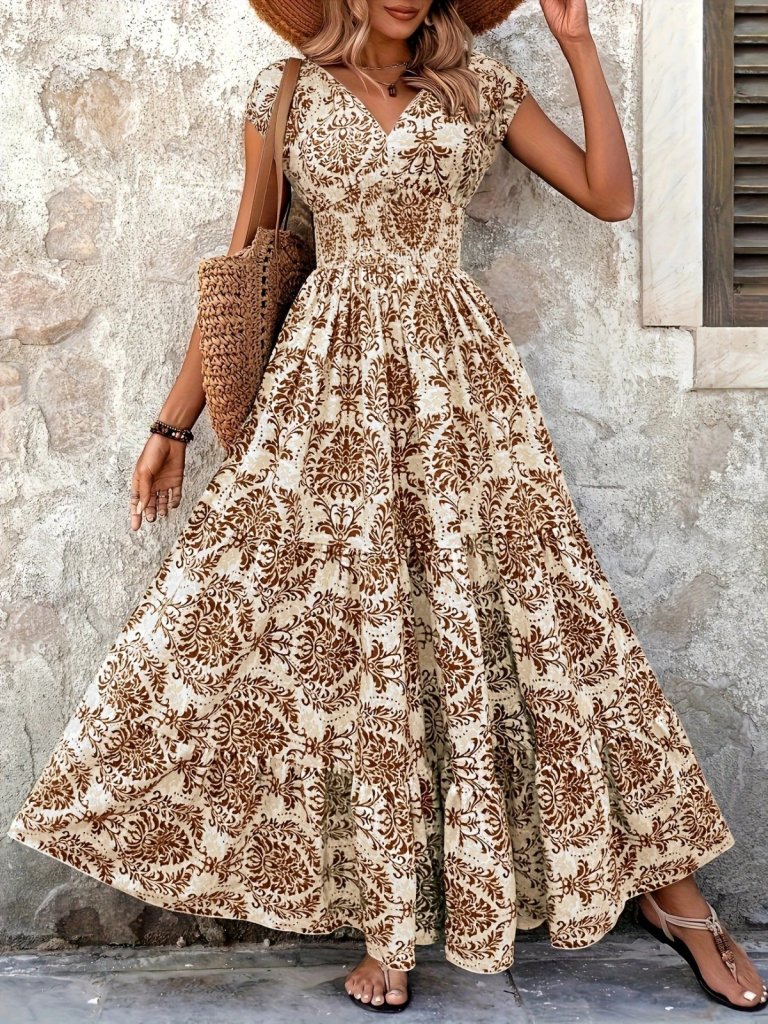 Bej Fit & Flare V Yaka Yer Hizasında Elbise