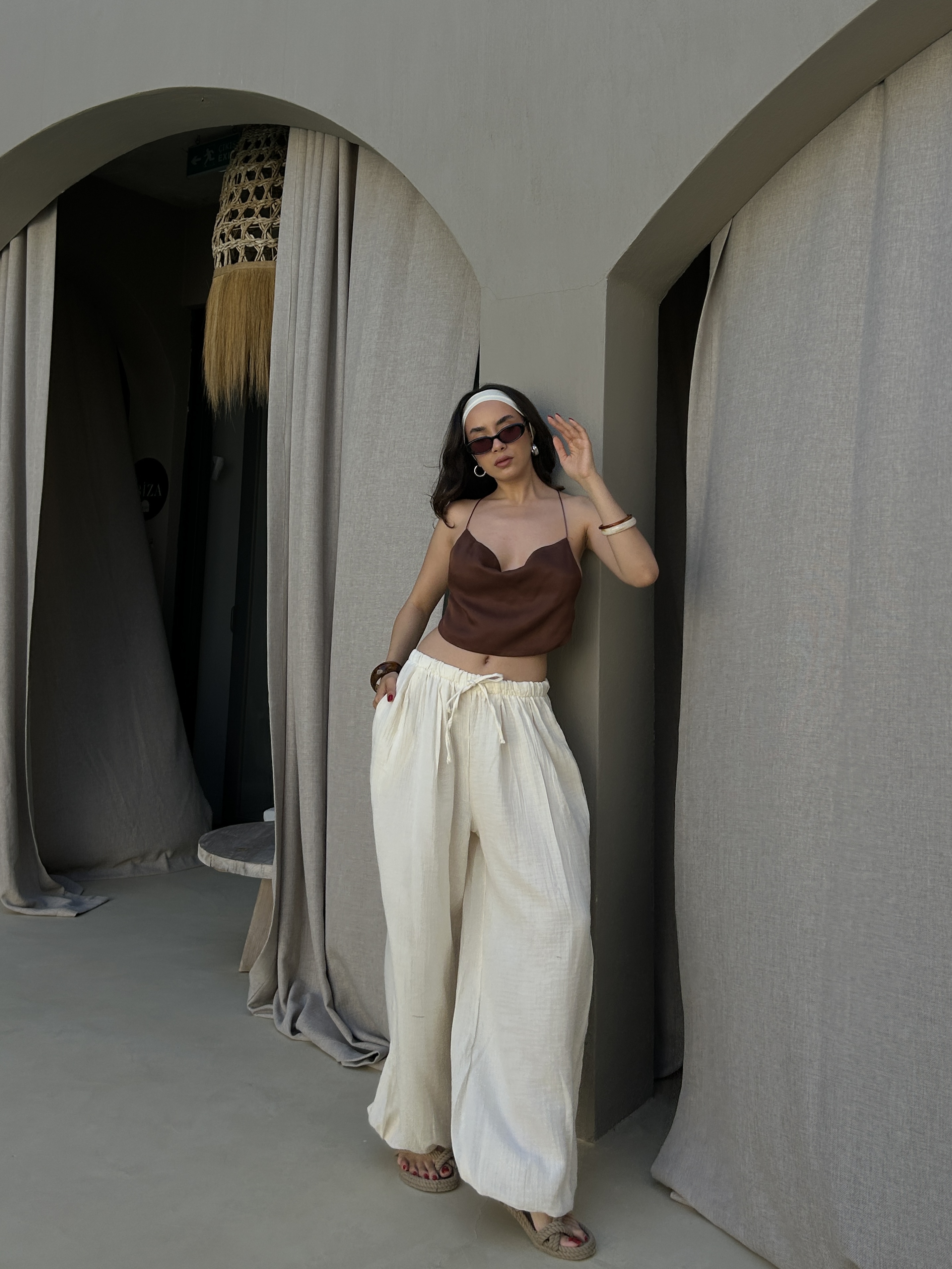 Bej Yüksek Bel Boho Paraşüt Pantolon