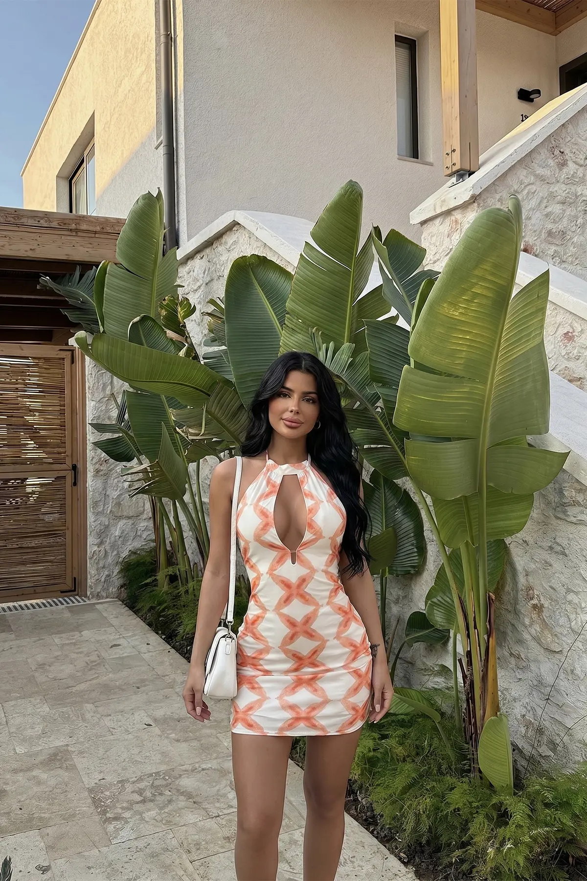 Beyaz Seksi Geometrik Bodycon Mini Elbise