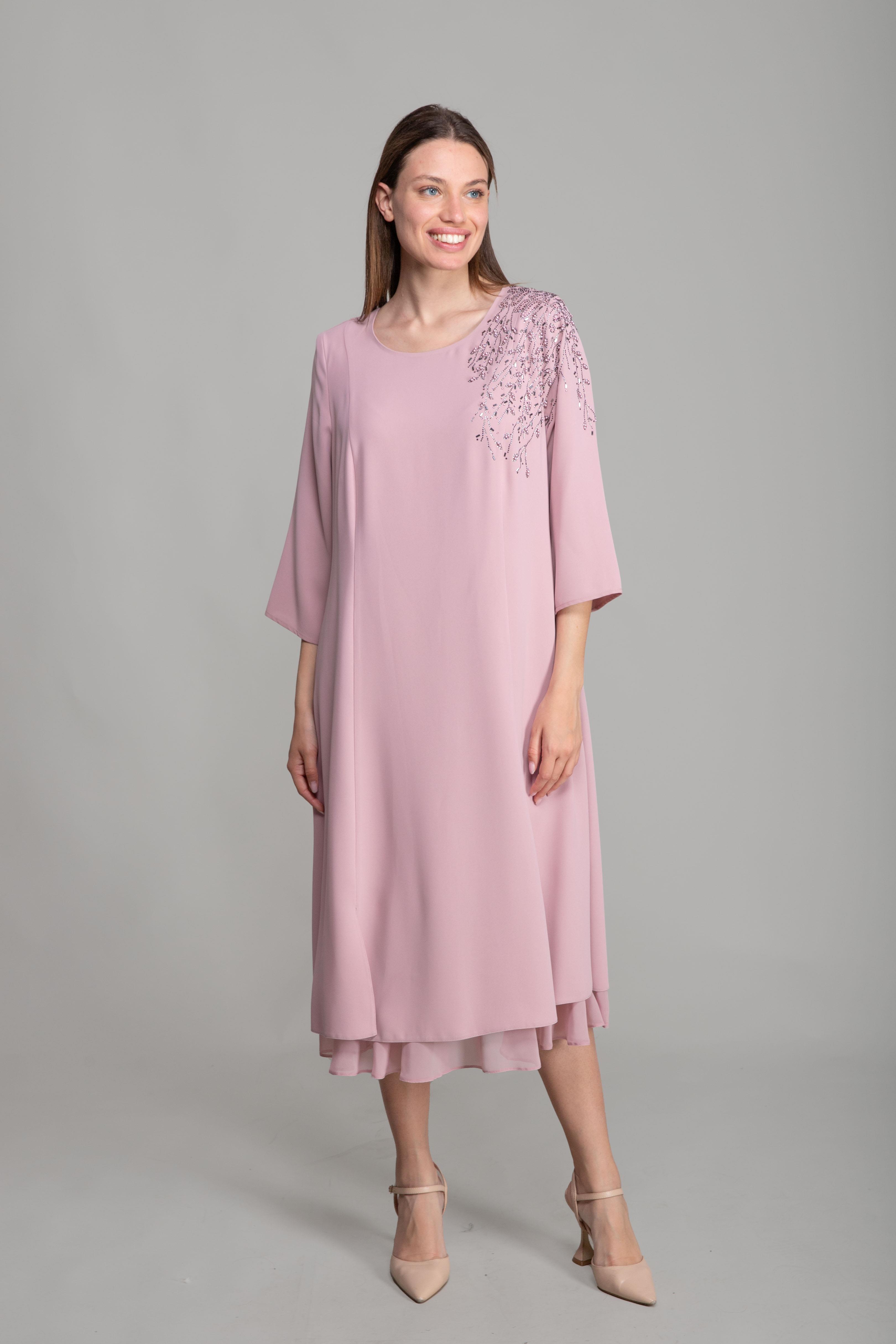 Manşet Yuvarlak Yaka Godeli Elbise - Pembe