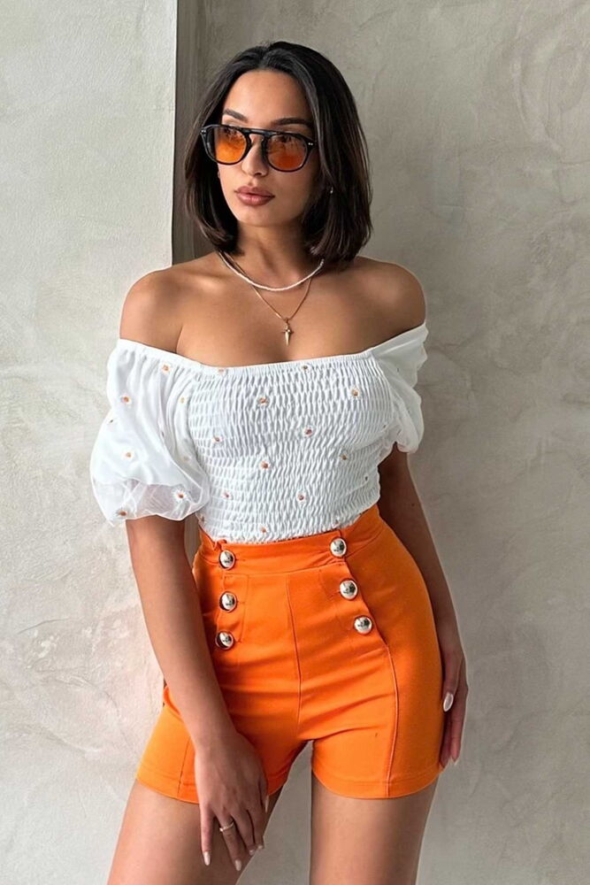 Krem Gipe Detaylı Desenli Şifon Toptan Bluz