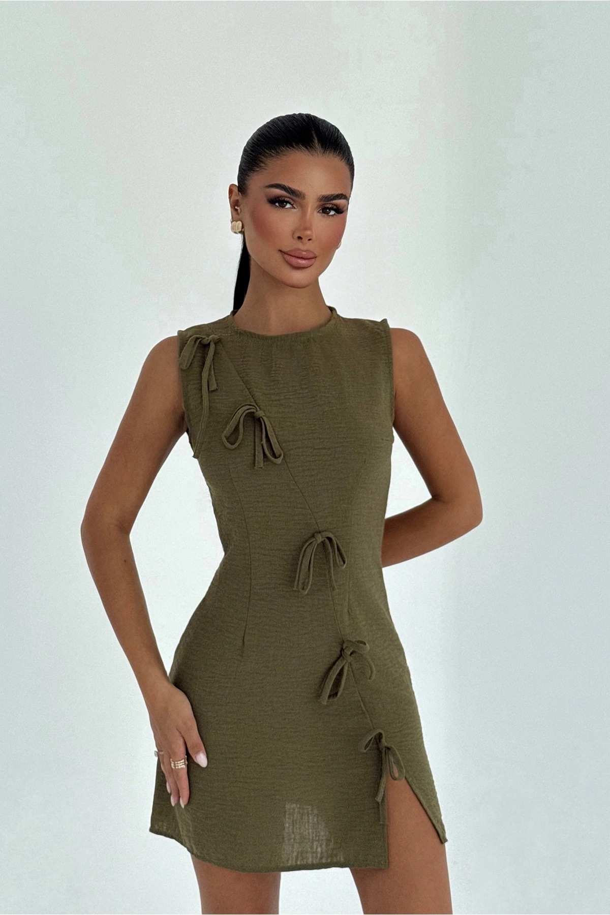 Haki Bodycon Mini Elbise Kap Kollu