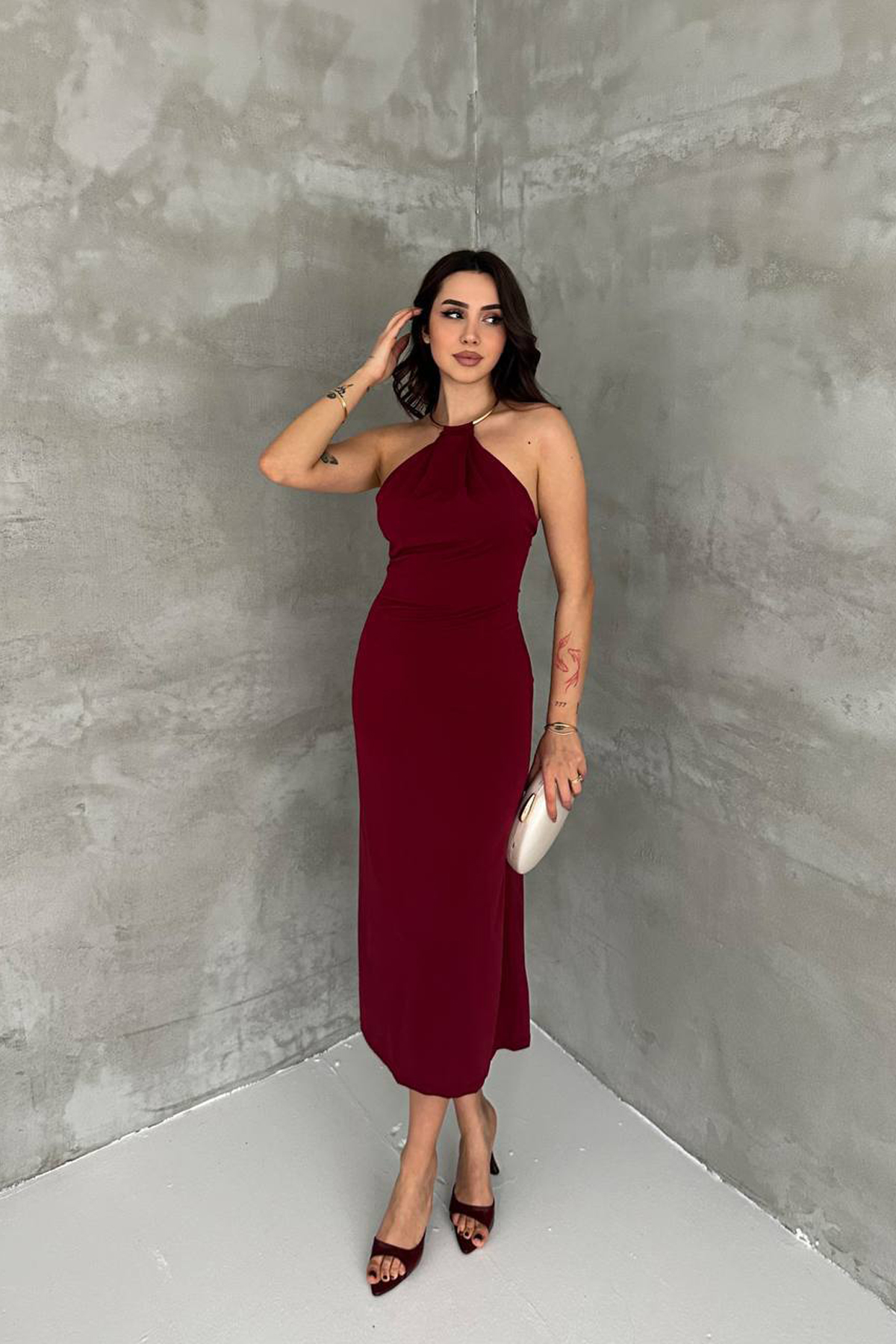 Bordo Seksi Zarif Işıltılı Slip Elbise