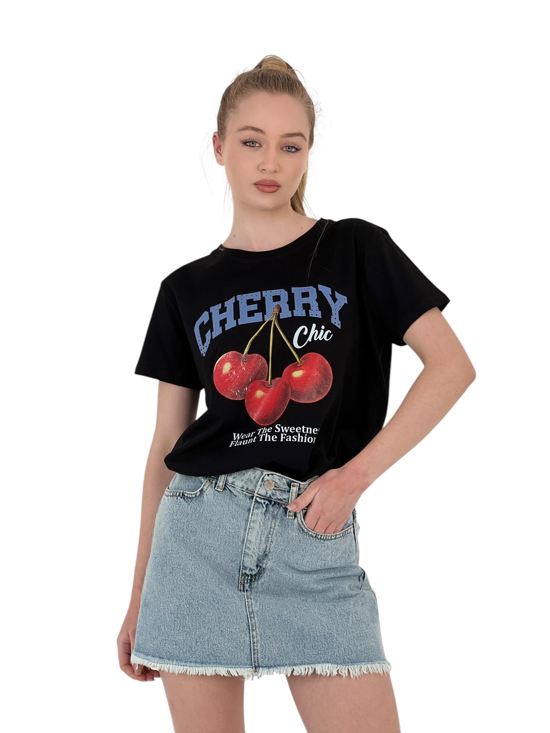 Chic Baskılı Siyah Oversize T-shirt
