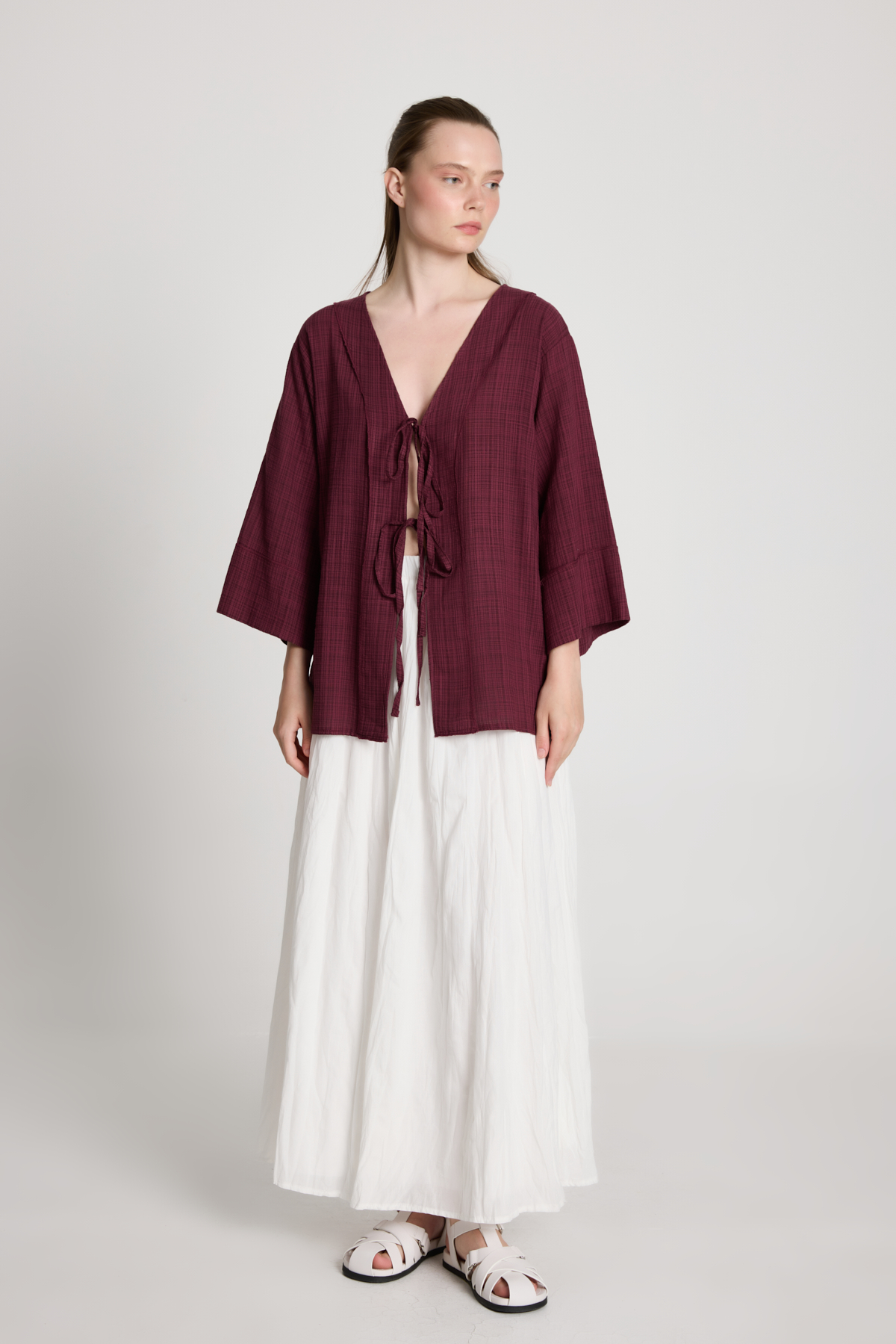 Bordo Kimono Bol Kalıp Bağlamalı