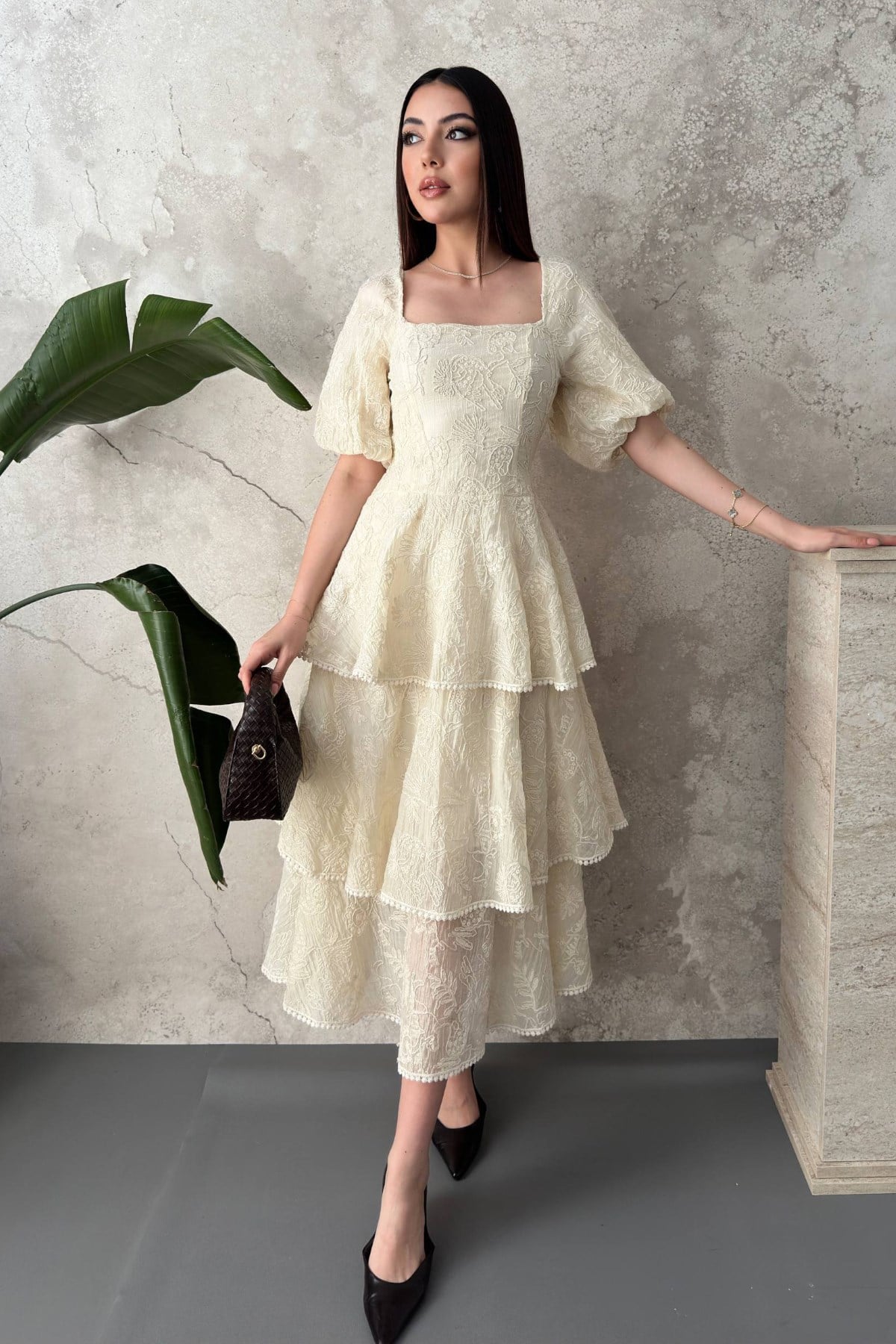 Bej Zarif Fit & Flare Midi Elbise