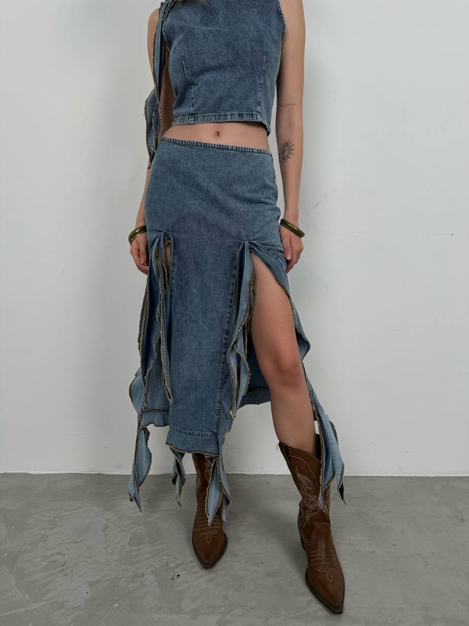 Fırfırlı Denim Etek - Açık Mavi