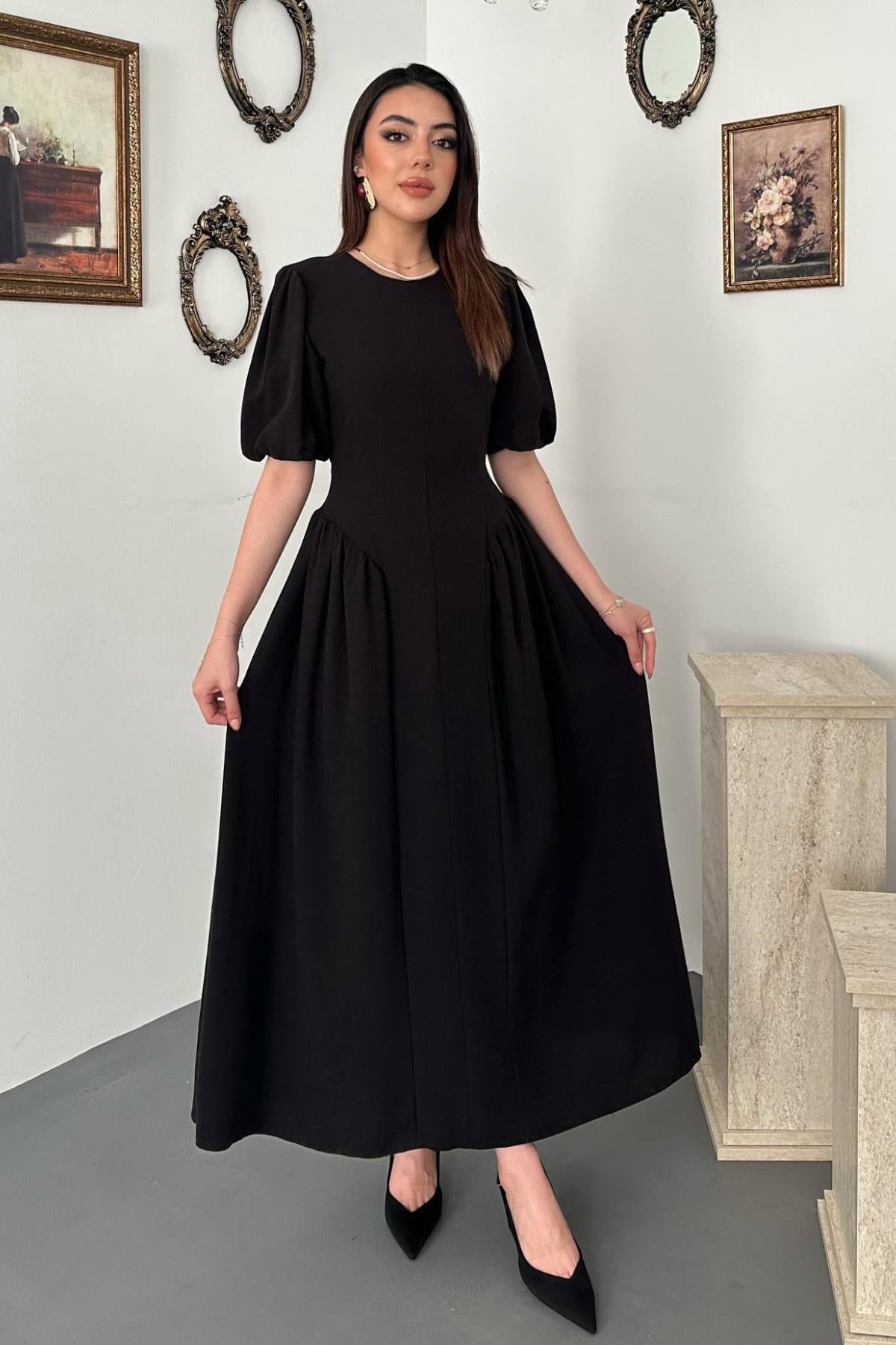Zarif Siyah Fit & Flare Maksi Elbise