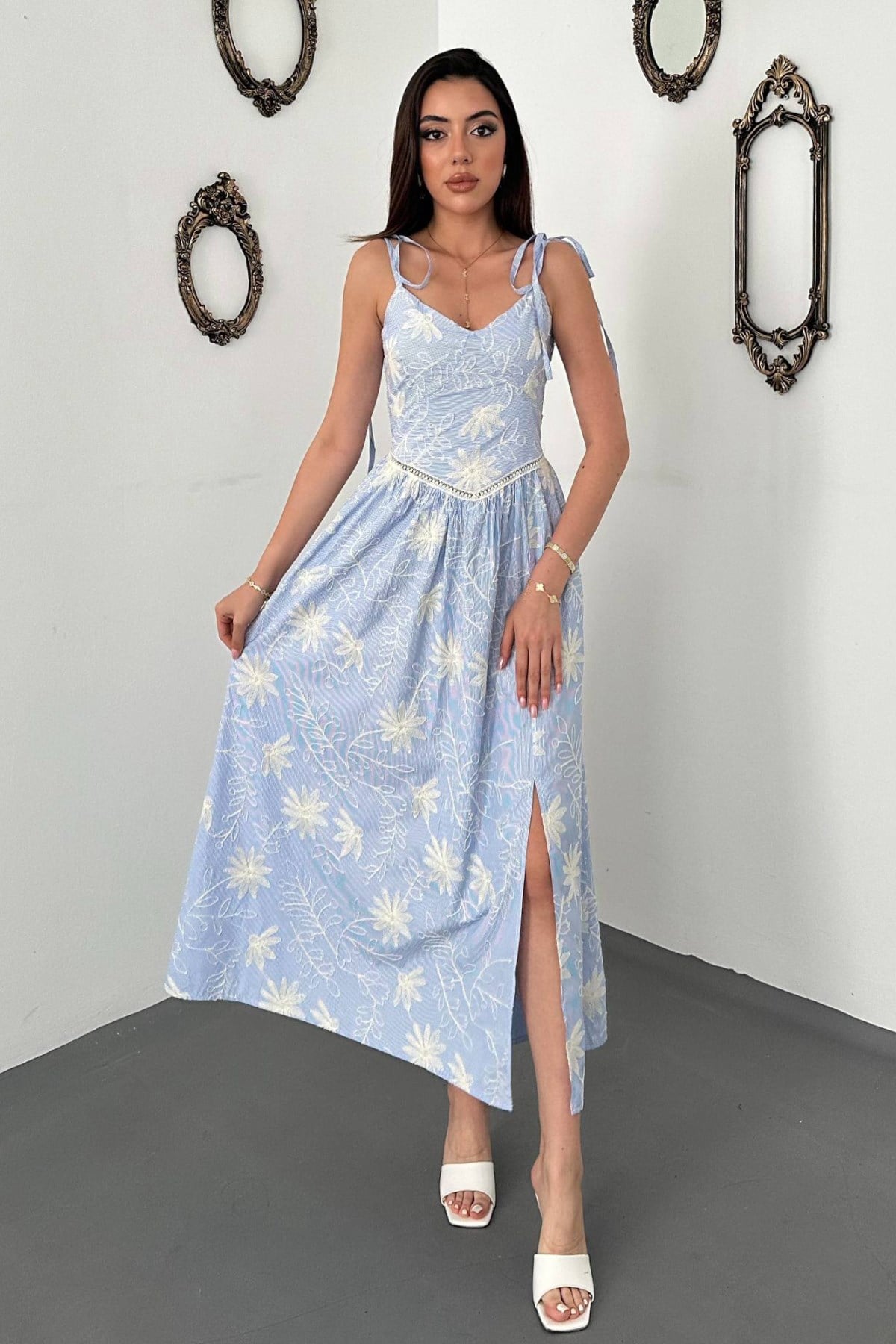 Mavi Zarif Boho Maxi Slip Elbise
