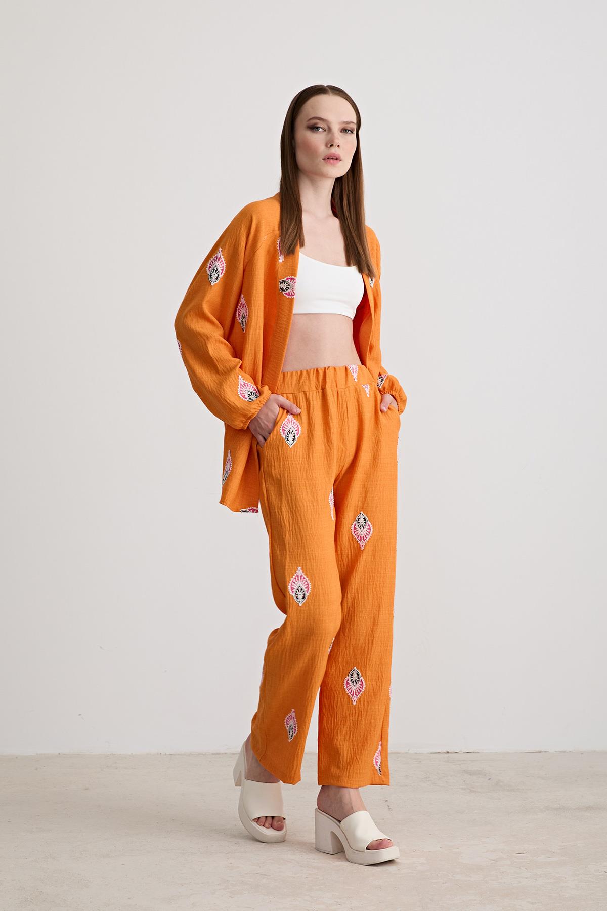 Şal Desenli Keten Pantolon Oranj