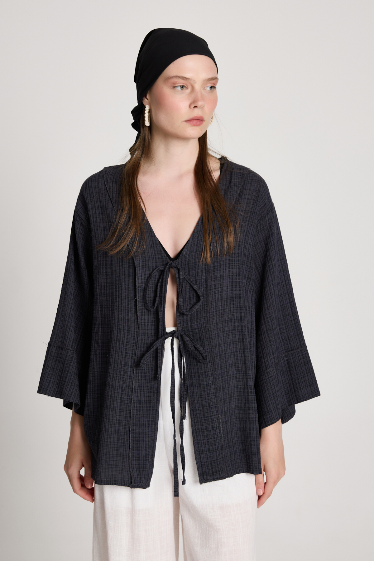 Siyah Kareli Günlük Boho Kimono