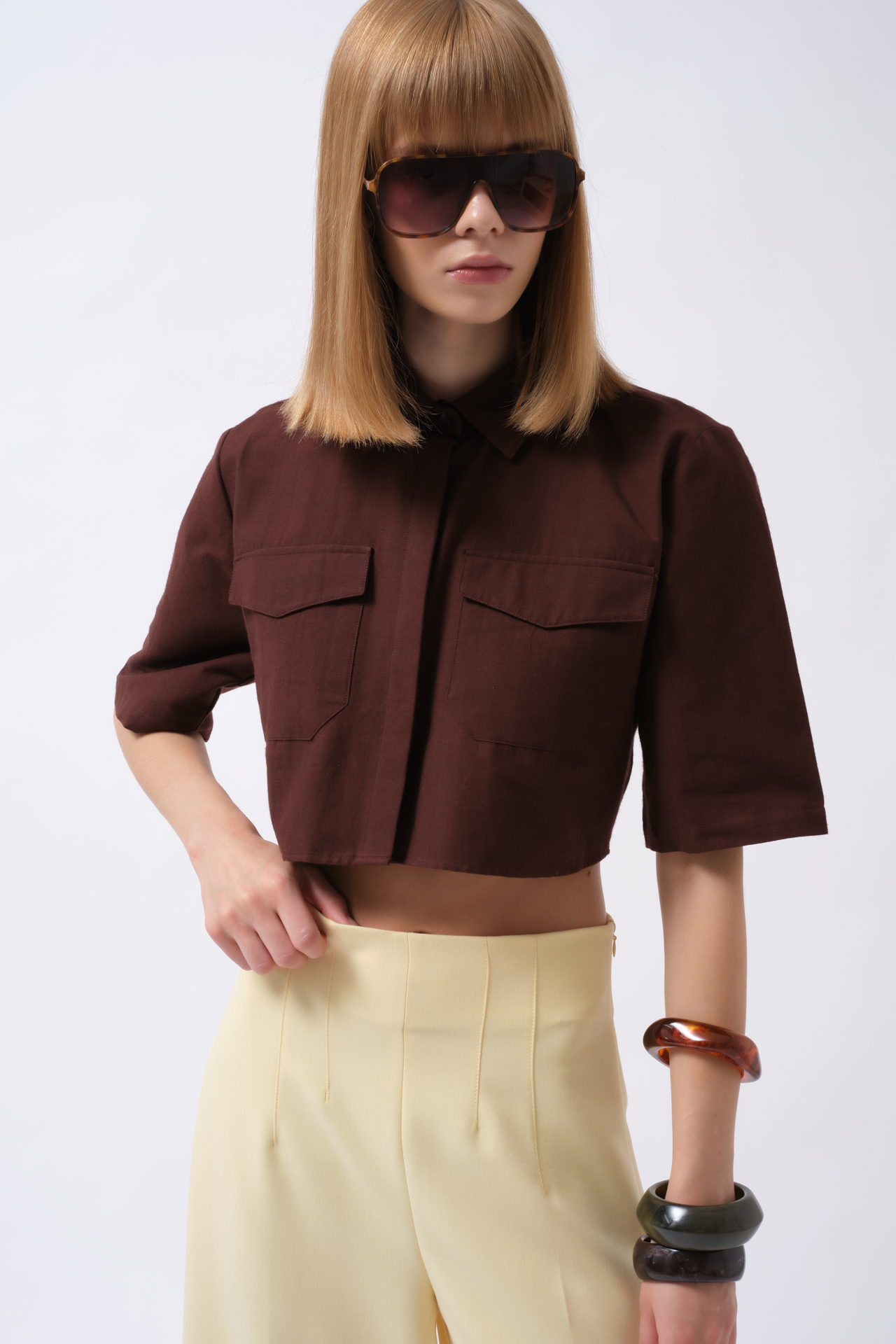 Kahverengi Polo Yaka Crop Gömlek Yarım Kollu
