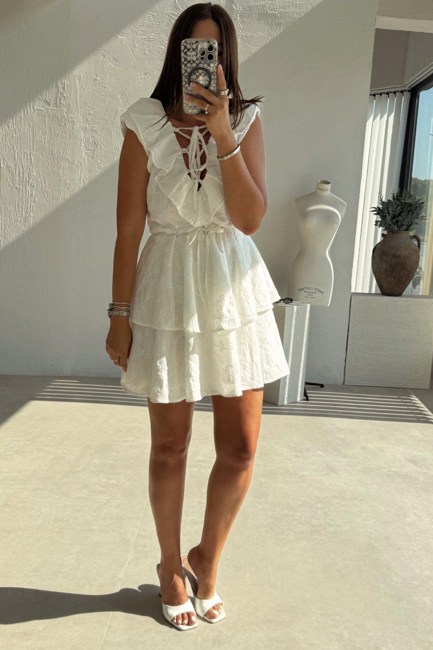 Beyaz Fit And Flare Mini Elbise