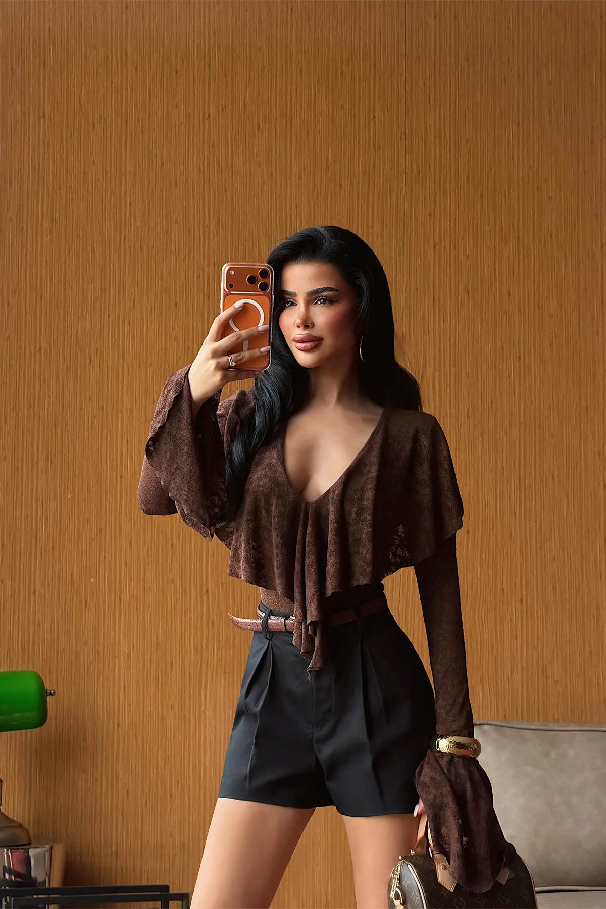 Kahverengi Zarif Işıltılı Seksi Bodysuit