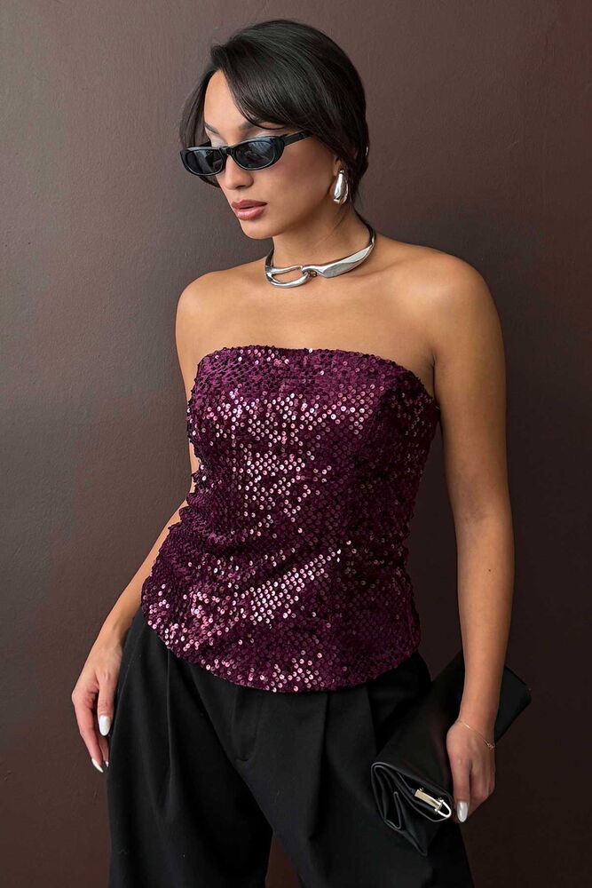 Bluz Bordo Işıltılı Payetli Kolsuz