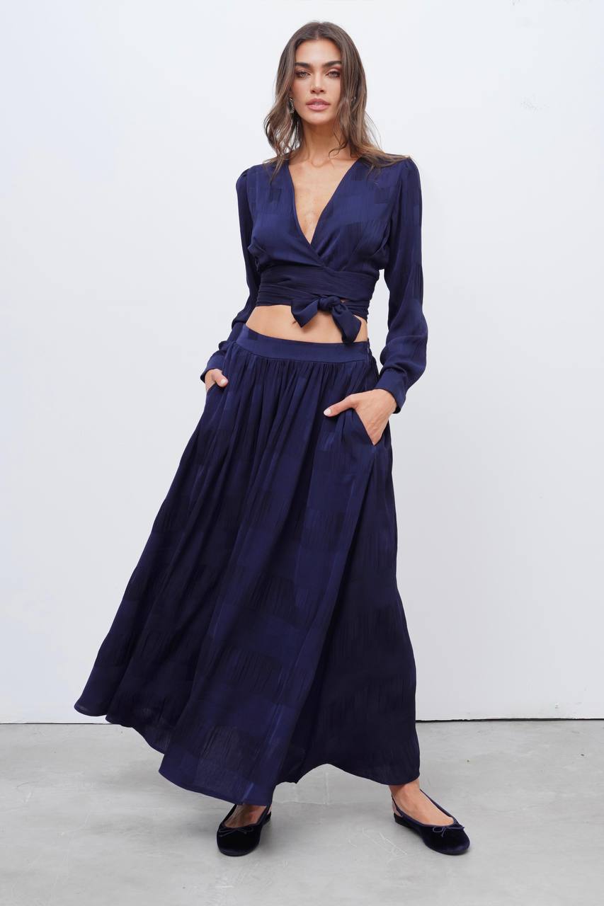Bluz Lacivert Damalı Crop Dar Kalıp