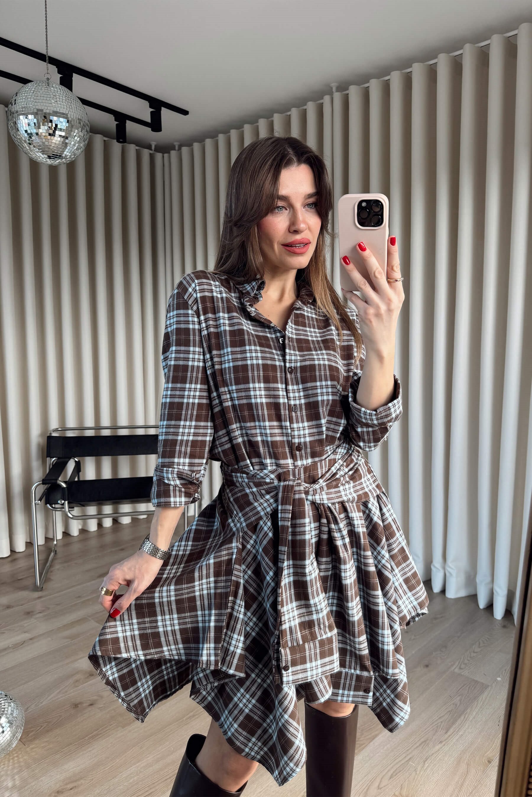 Kahverengi Kareli Asimetrik Mini Etek Orta Bel