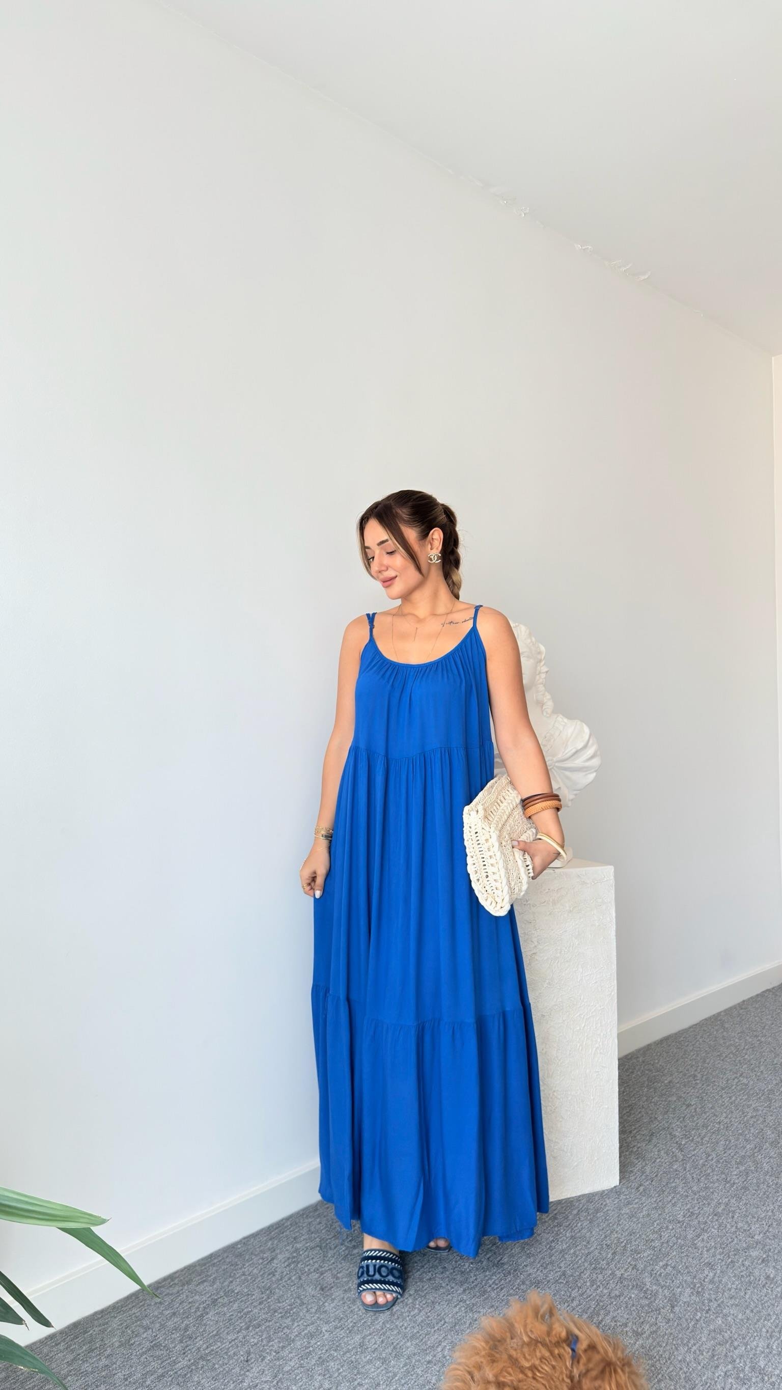 Bej Maxi Slip Elbise Tek Omuzlu