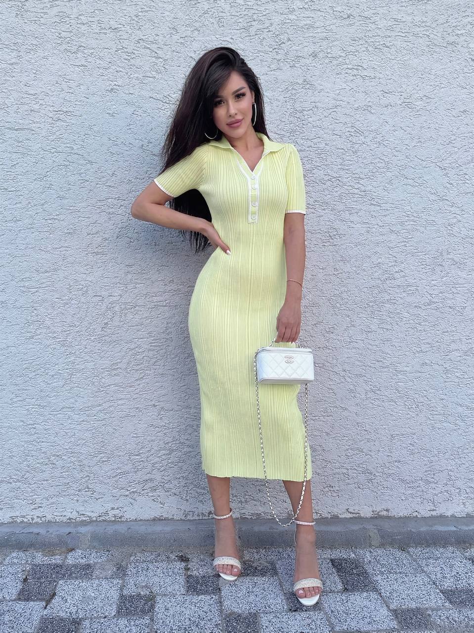 Sarı Fit& Düz Midi Elbise Polo Yaka Kısa Kol