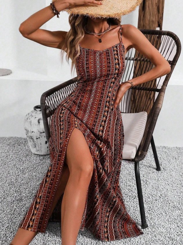Kahverengi Boho Kolsuz Çizgili Midi Slip Elbise