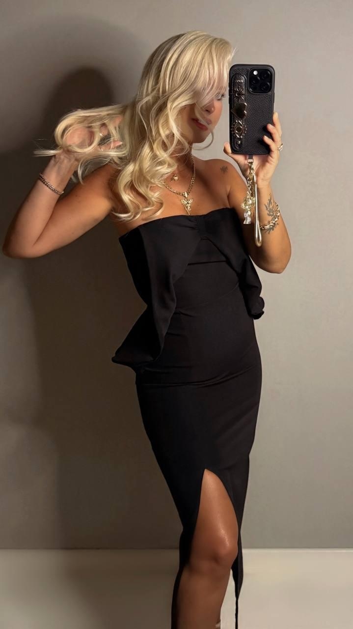 Siyah Straplez Kap Kollu Bodycon Midi Elbise