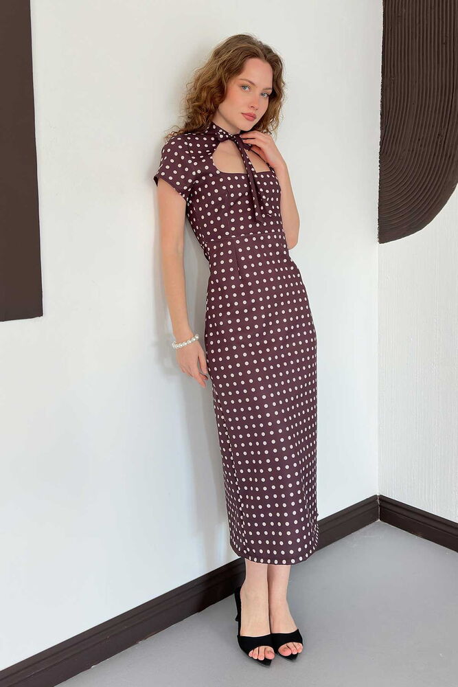 Bordo Puantiye Fit & Düz Elbise Kısa Kollu