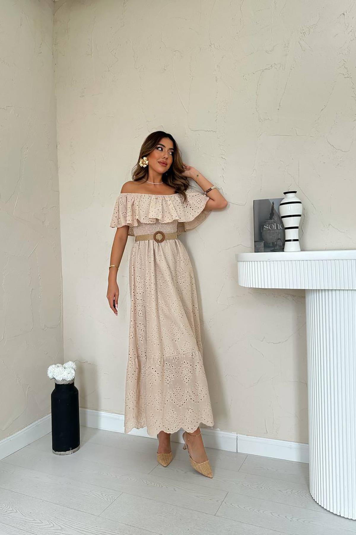Bej Boho Fit & Flare Elbise