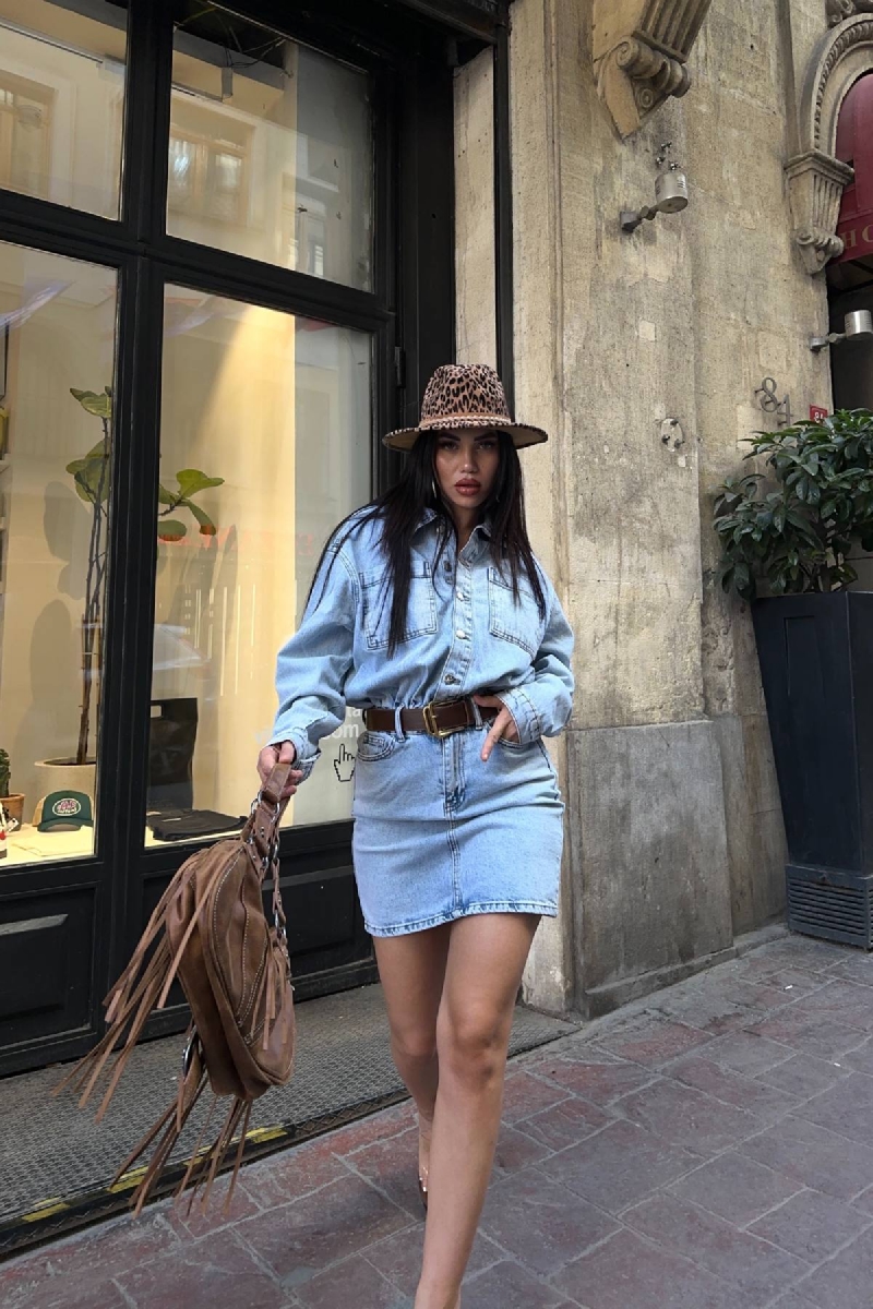 Mavi Gündelik Western Streetwear Gömlek Elbise Mini