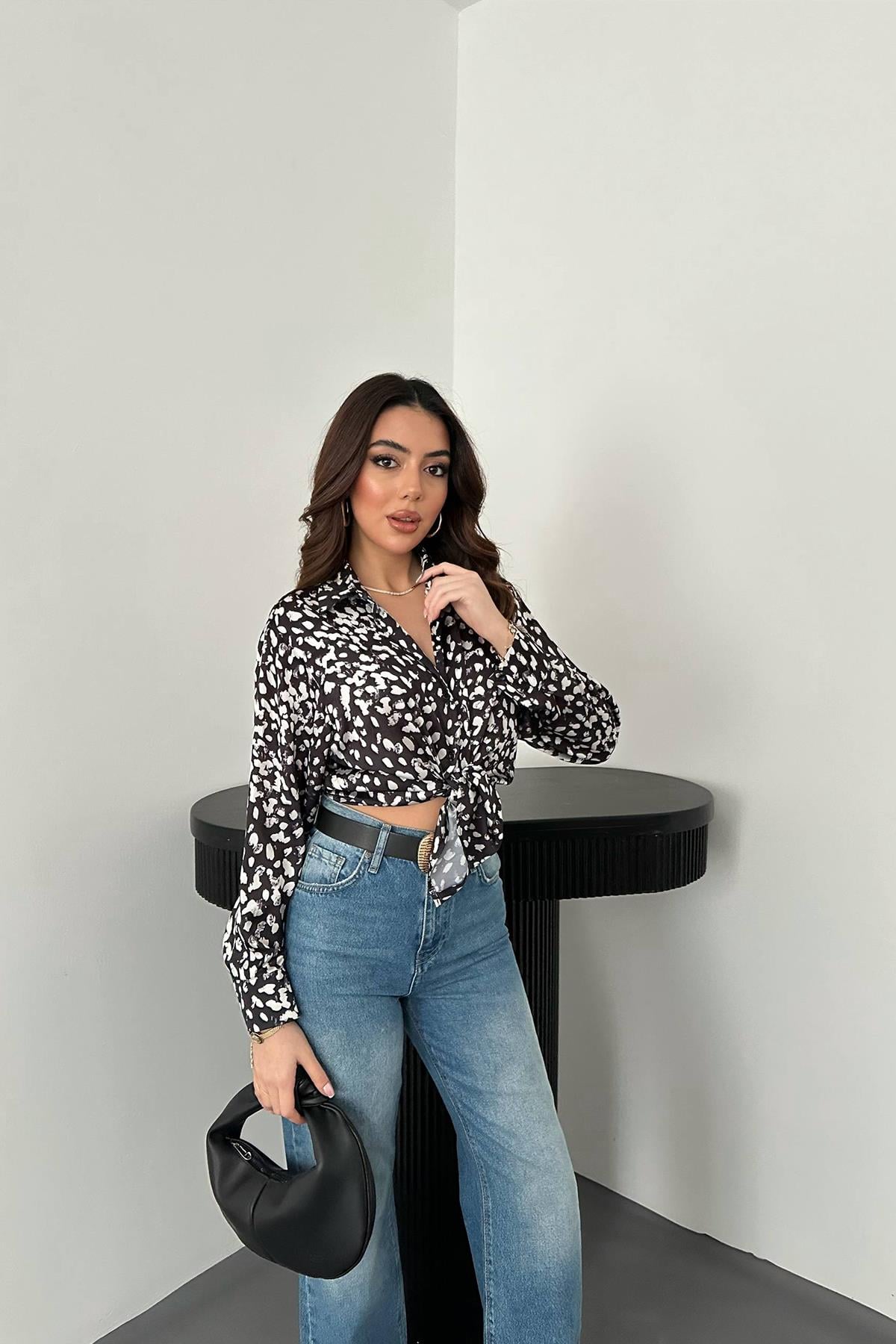Leopar Desenli Saten Gömlek - Siyah