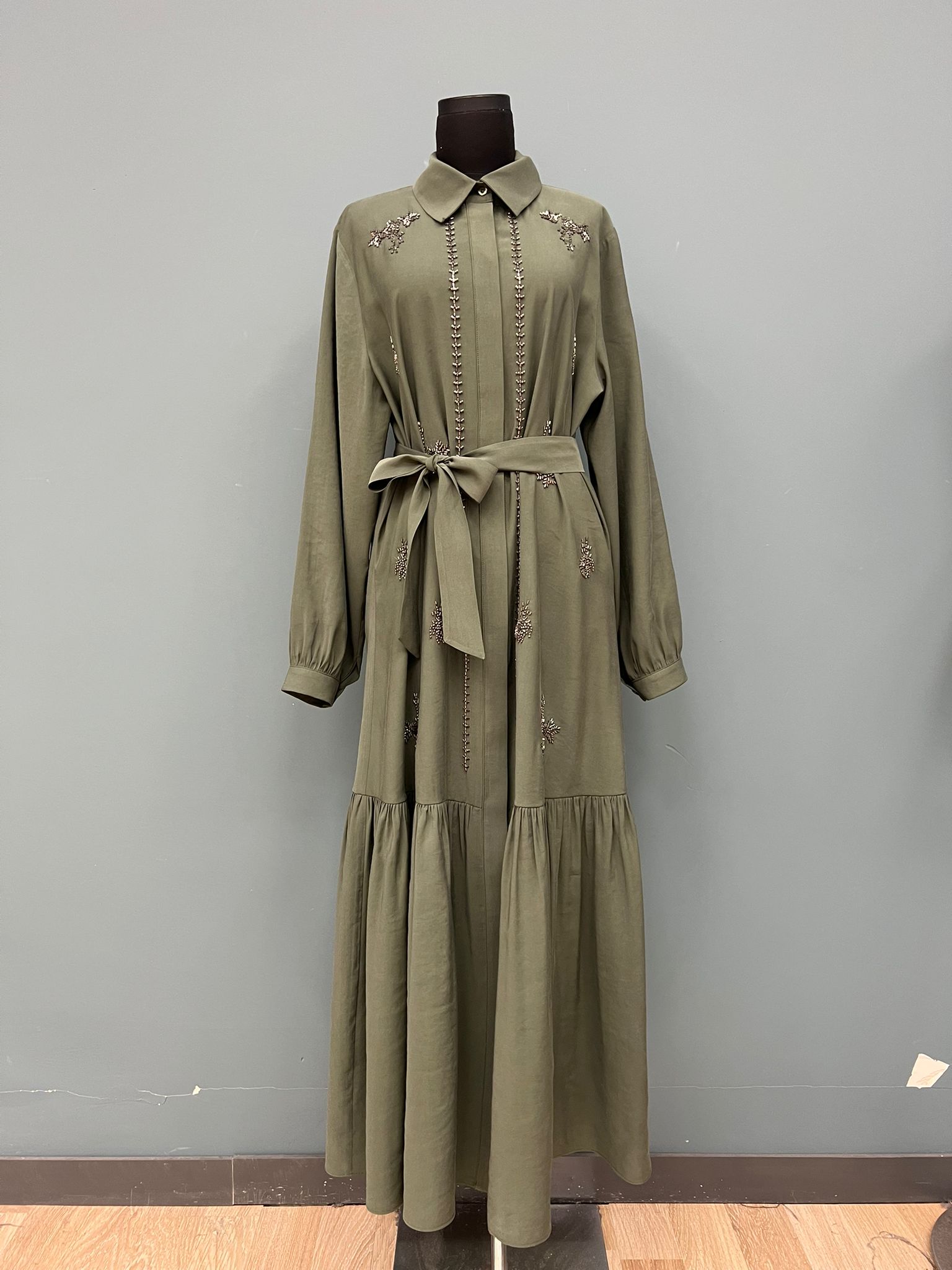 Haki Etnik Kaftan Elbise Çentikli Yakayla