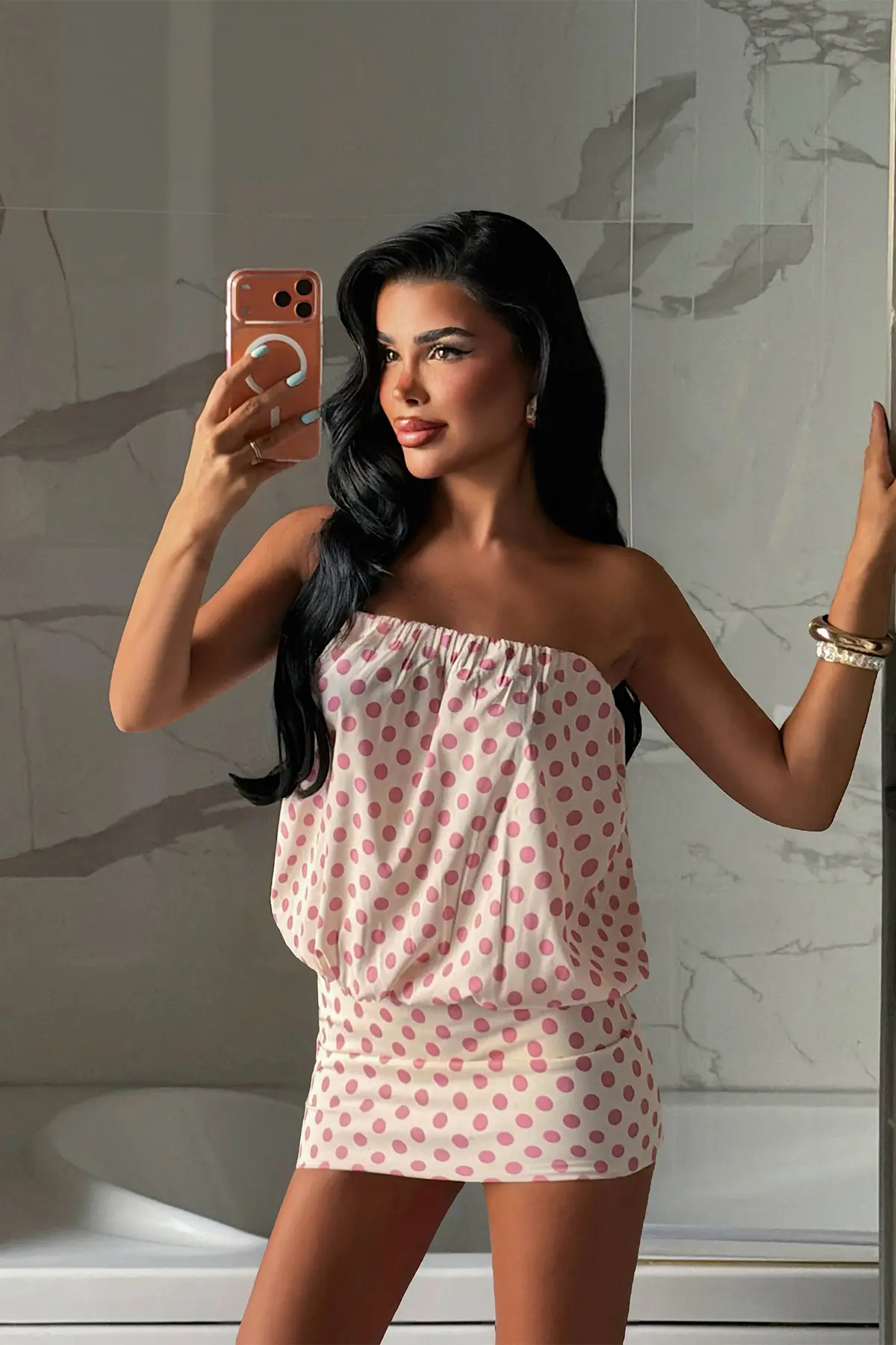 Beyaz Straplez Puantiye Bodycon Mini Elbise Japone Kol