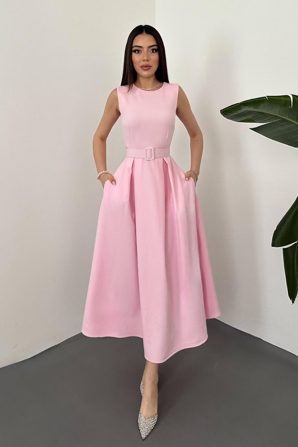 Zarif Pembe Fit And Flare Elbise