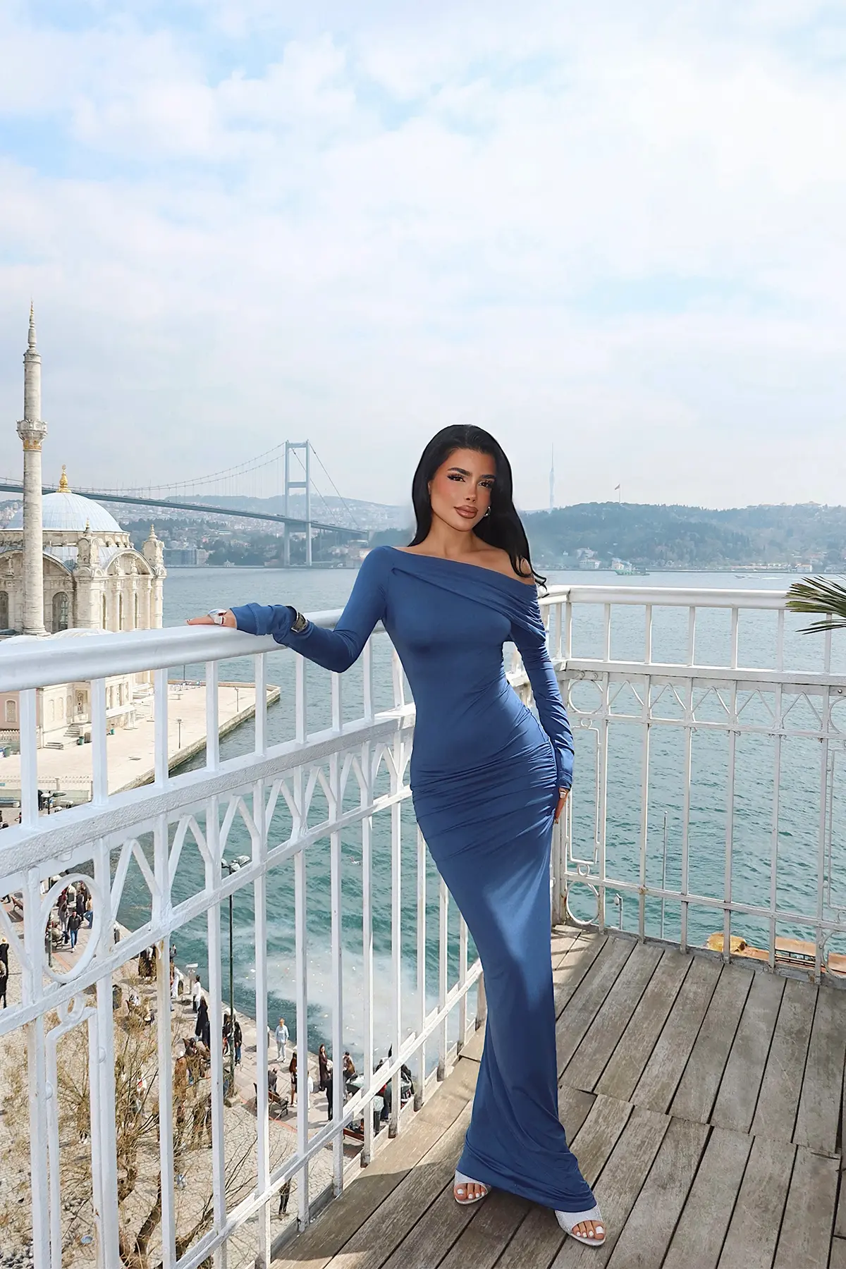 Mavi Zarif Omzu Açık Fit & Düz Elbise