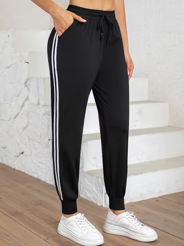 Siyah Pantolon Jogger Yüksek Bel Çizgili Spor Uzun