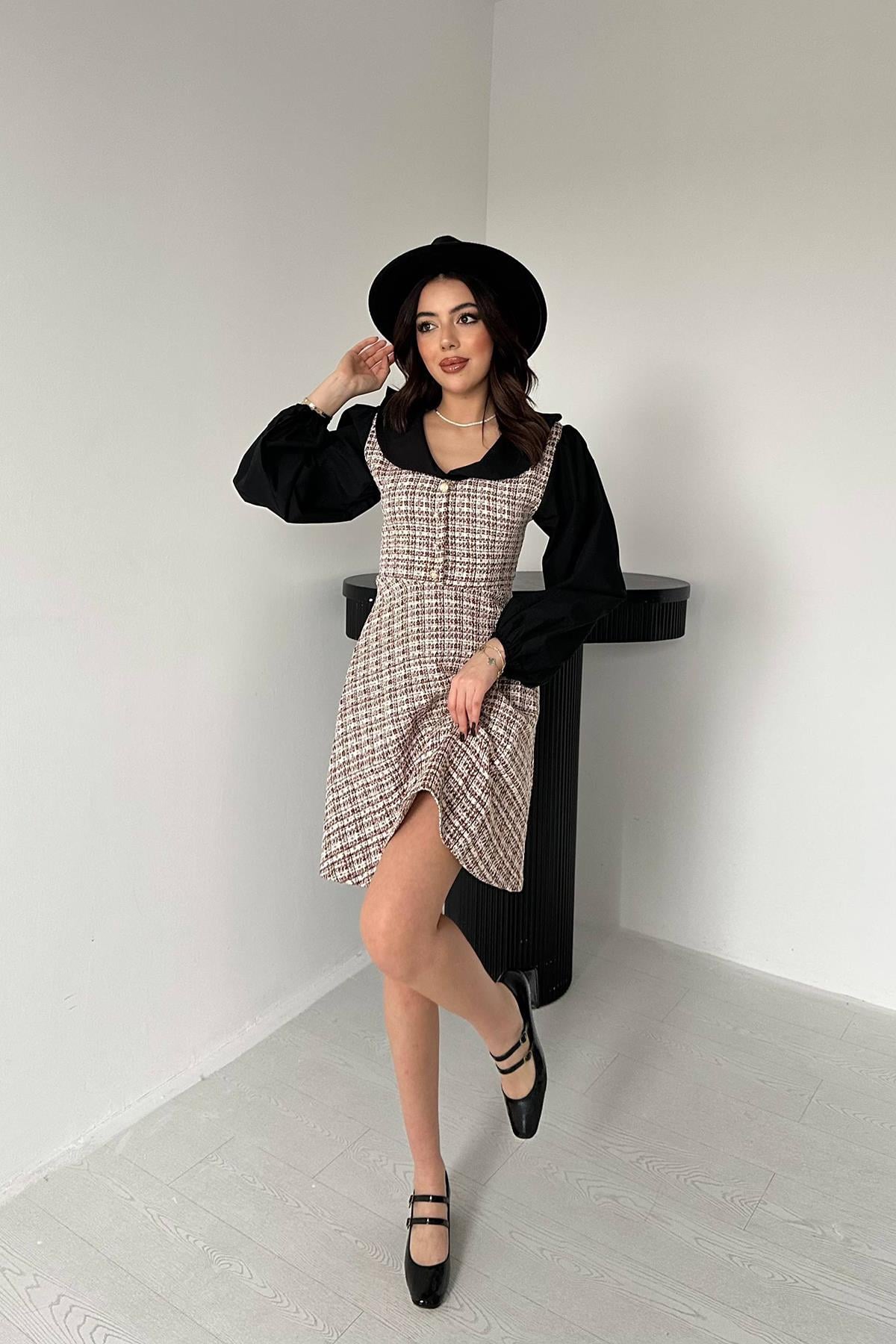 Siyah Fit & Flare Elbise  Karpuz Kollu