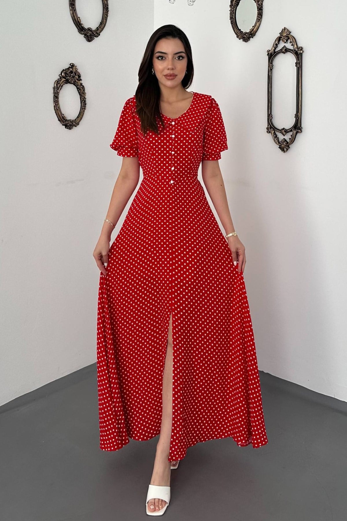 Kırmızı Vintage Fit & Flare Maksi Elbise