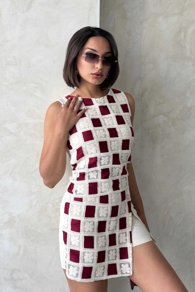 Kolsuz Dama Desen Tiğişi Bluz - Ham Bordo