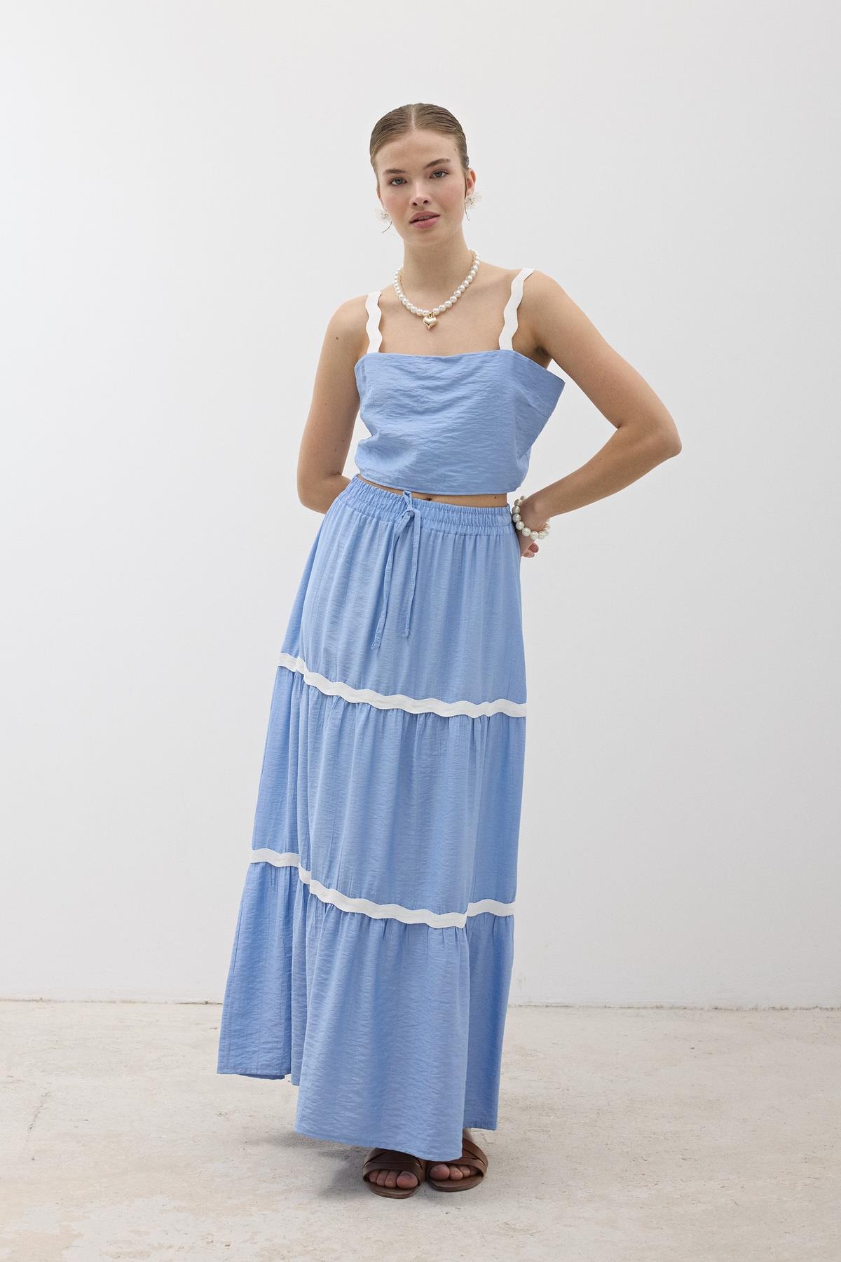Askılı Su Taşı Desenli Crop Bluz Mavi