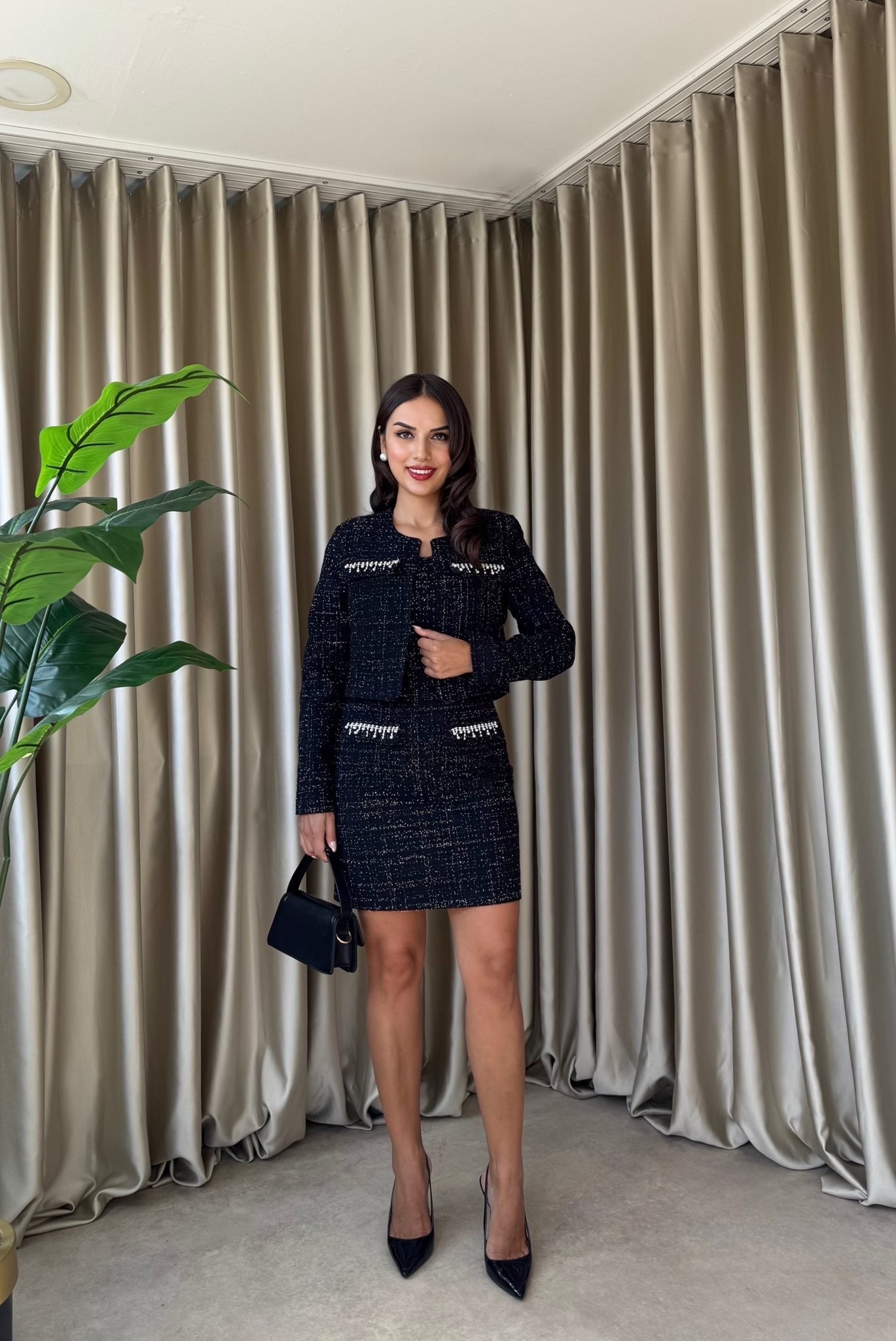 Siyah Zarif Resmi Nostaljik Bodycon Mini Etek