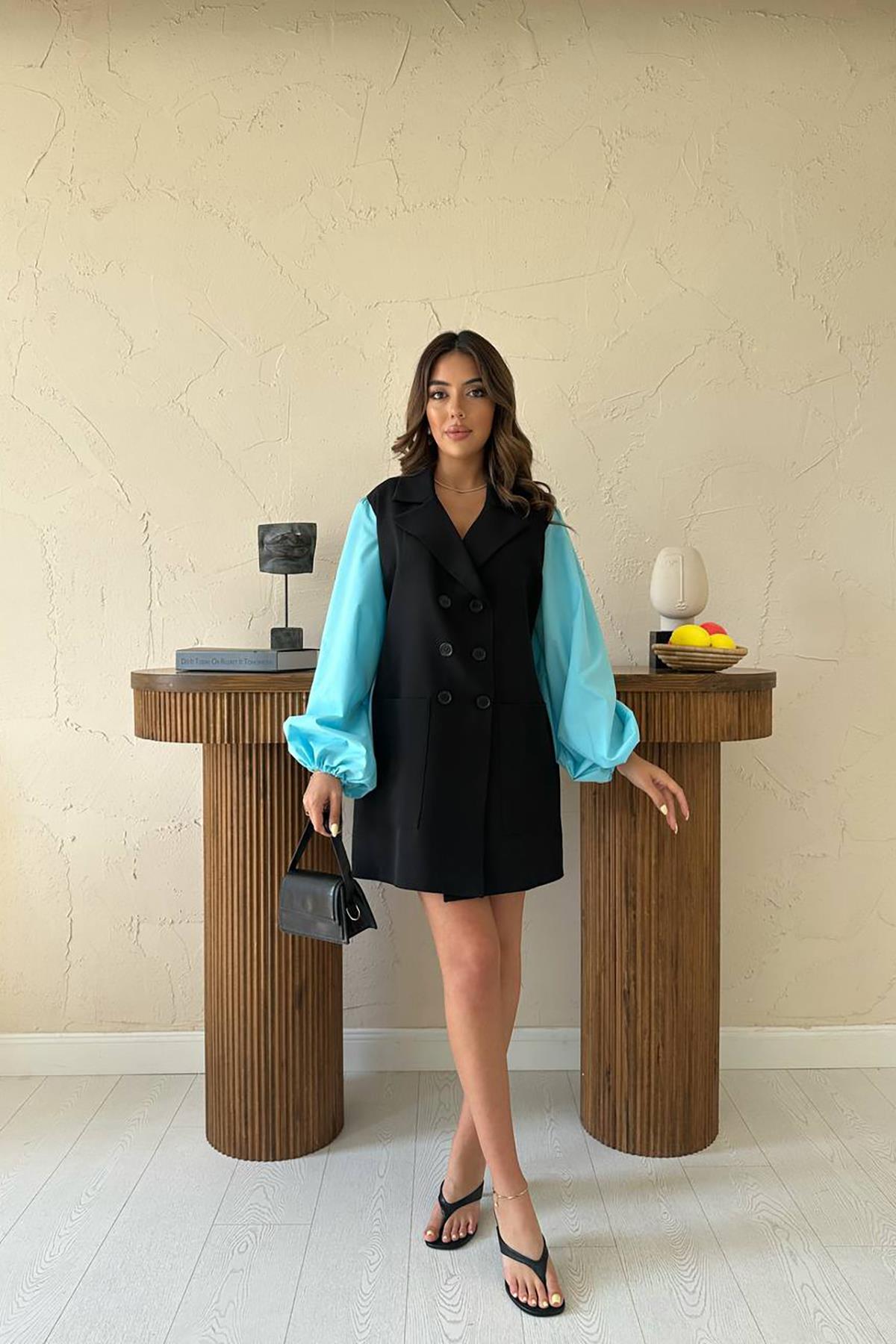 Siyah Mini Blazer Elbise Çentikli Yakalı