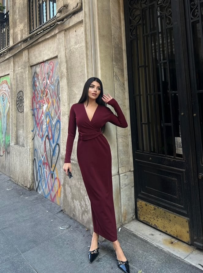 Bordo Zarif Fit & Düz Midi V Yaka Elbise