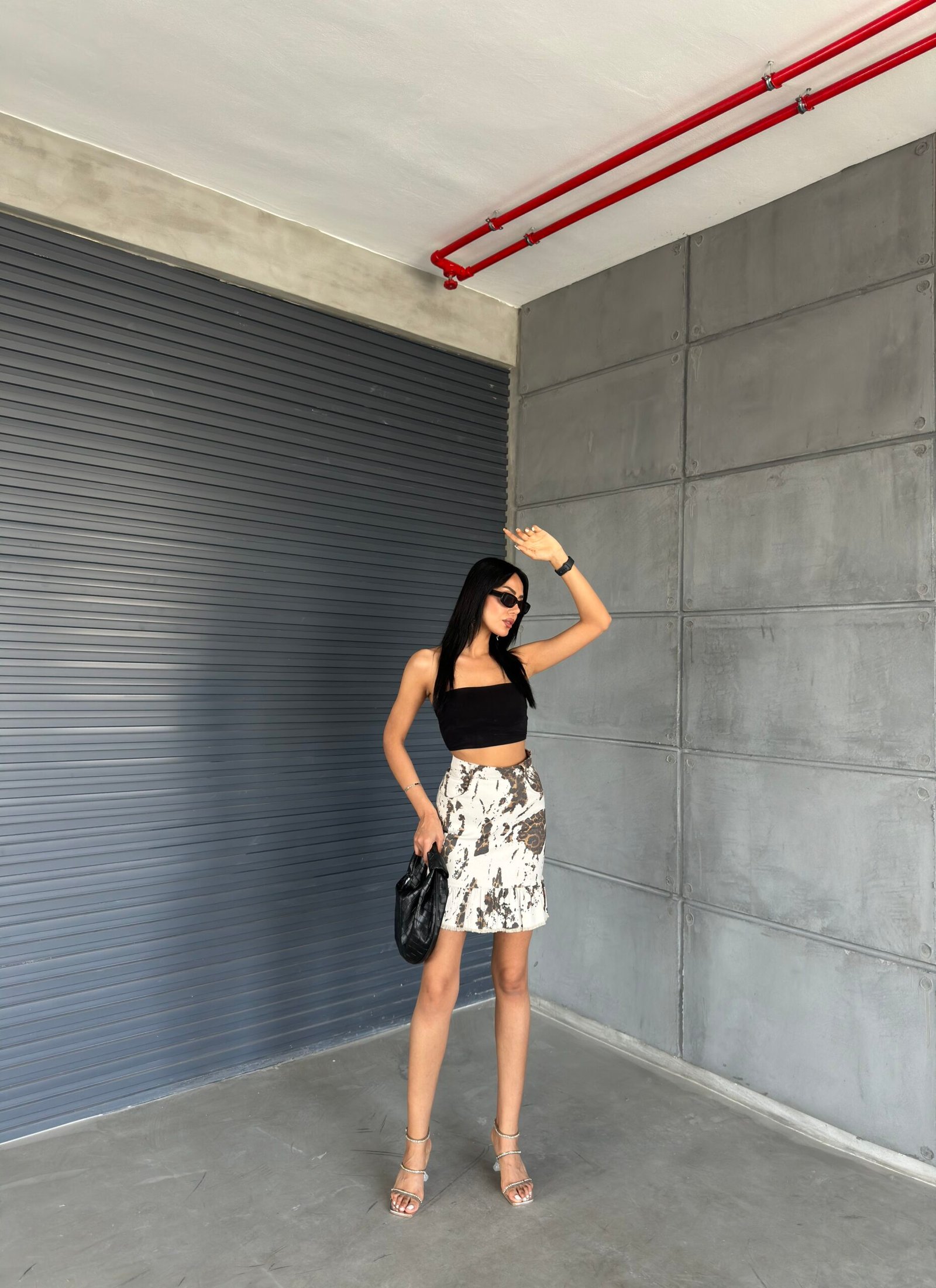 Gri Leopar Gabardin Kumaş Fırfırlı Etek