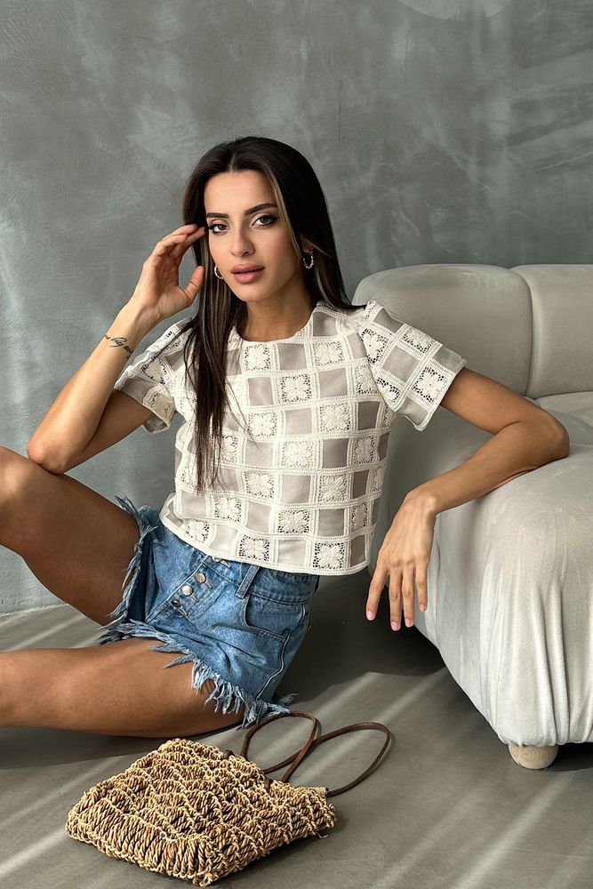 Ham Taş Kısa Kollu Dama Desen Tığ İşi Bluz