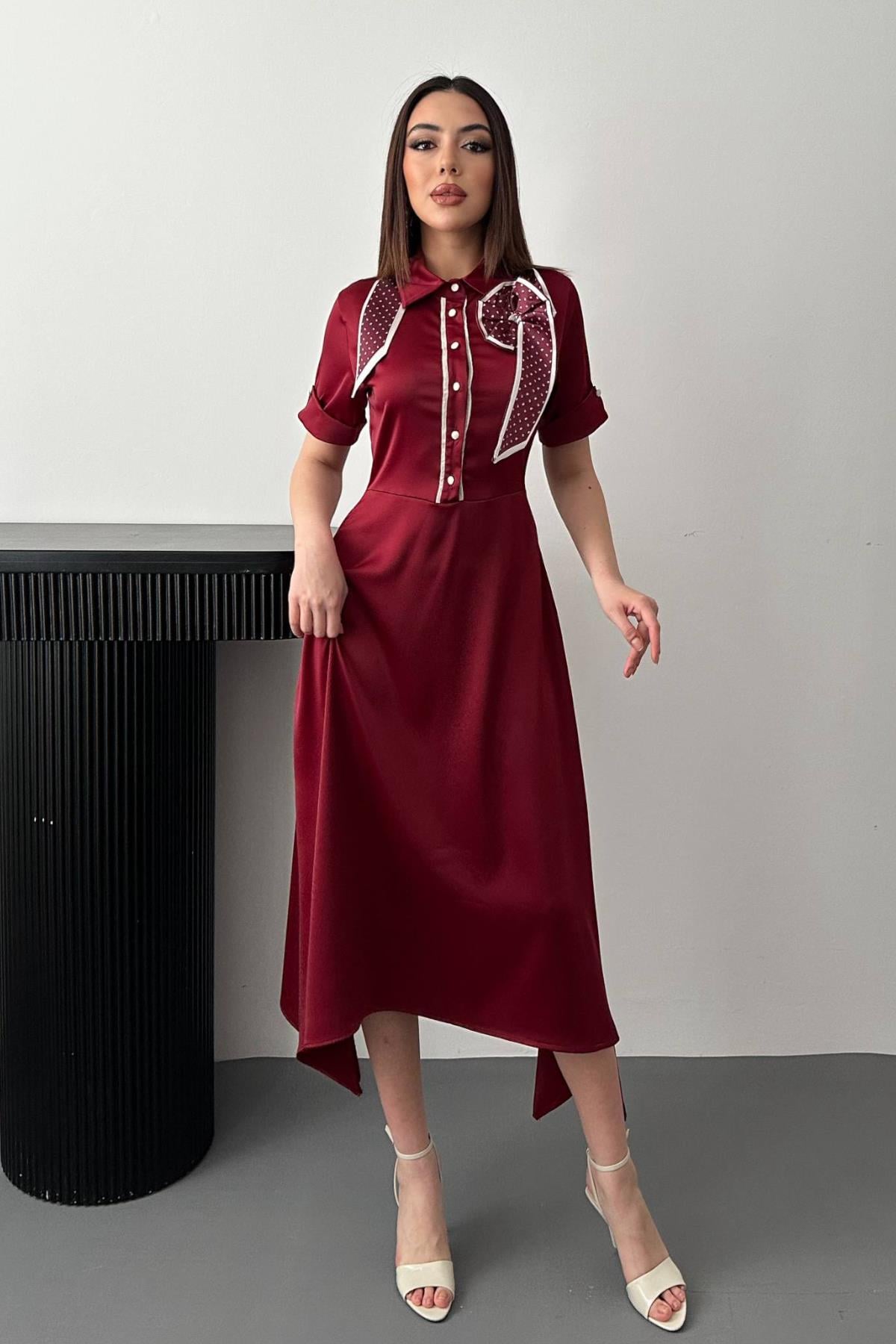 Bordo A Kesim Resmi Zarif Elbise