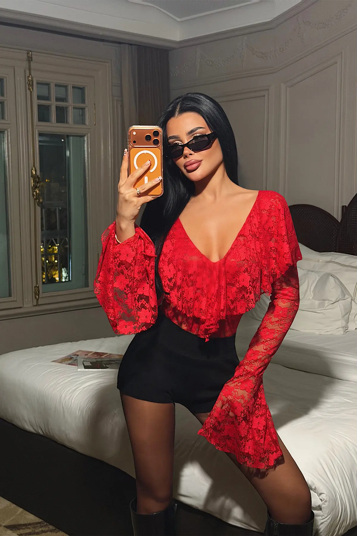 Kırmızı Seksi Zarif Işıltılı Bodysuit