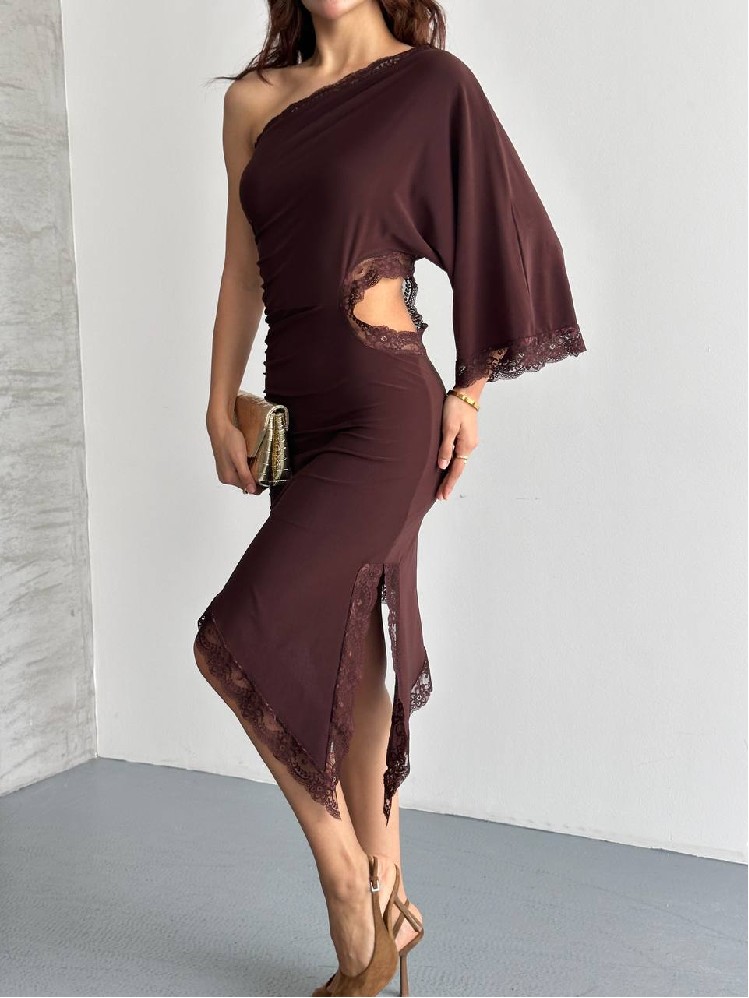 Kahverengi Seksi Zarif Resmi Işıltılı Elbise