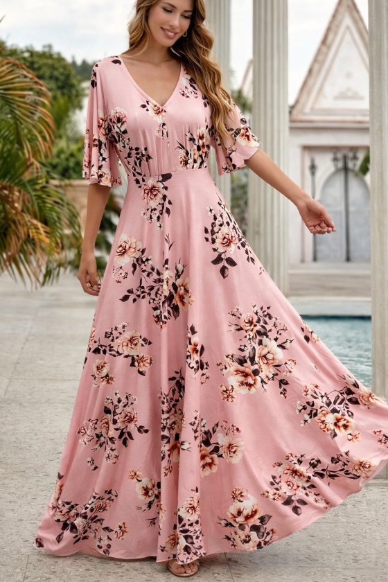 Pembe Çiçekli A Kesim Elbise  V Yakalı Ve 3/4 Volanlı Kollu