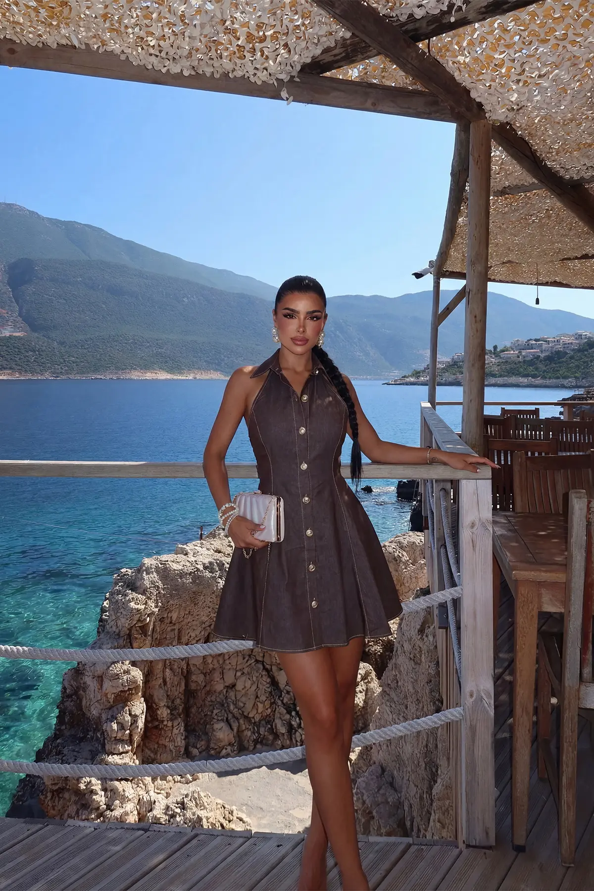Kahverengi Fit & Flare Mini Elbise Çentikli Yakalı