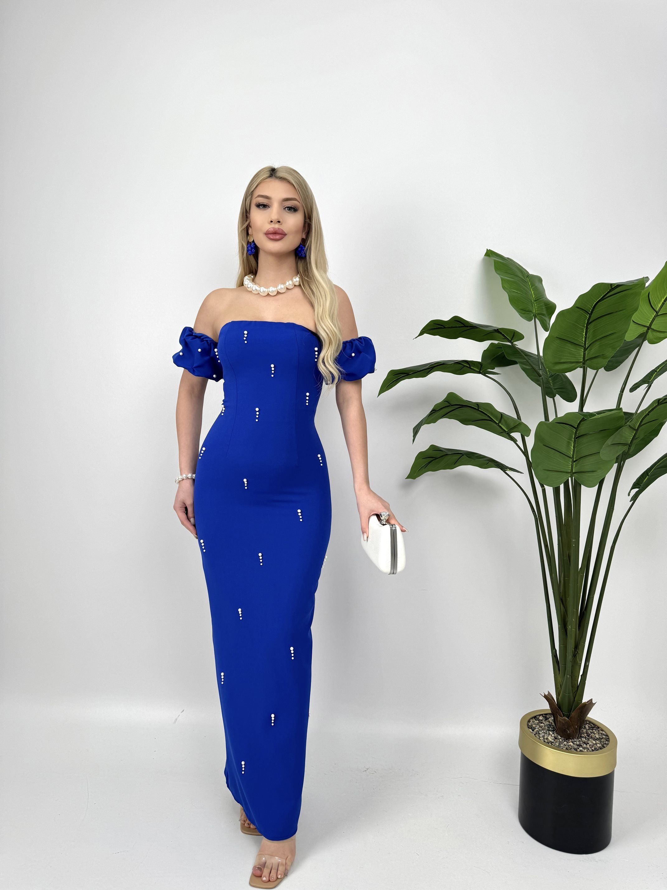 Mavi Bodycon Elbise Fırfırlı Japone Kollu