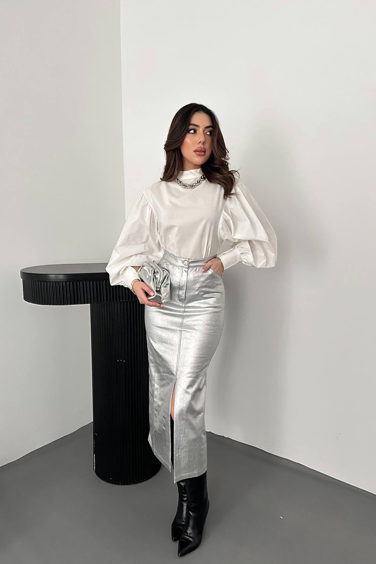 Varaklı Gabardin Yırtmaçlı Etek - Gümüş